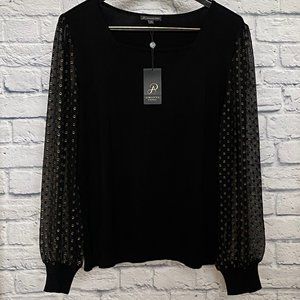 Adrianna Papell Sweater with sheer sleeve accented with gold. Black NWT size XL